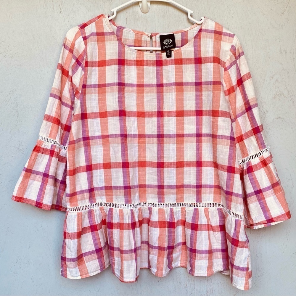 Bobeau Pink  Orange Plaid Flared Sleeve Peplum Top